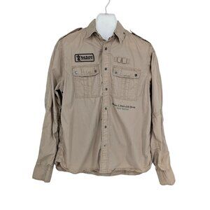 Rock Revival Military Utility Snap On Shirt Western Y2K Distressed Khaki Size L